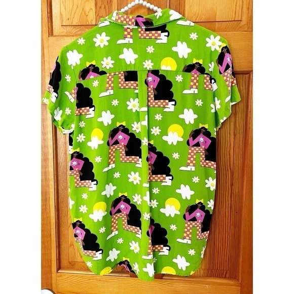 Nooworks Joyce Button Up Top Checkered Ladies Sz L Green Retro Short Sleeve - Picture 6 of 8